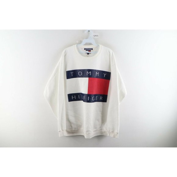 Vintage 90s Tommy Hilfiger Big Flag Spell Out Sweatshirt White USA